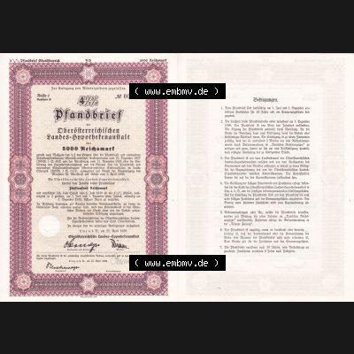 Österreich Historisches Wertpapier beidseitige Vollansicht 1939, Linz Pfandbrief, Oberösterreichischen Landes-Hypothekenanstalt über 5000 Reichsmark, Reihe 1, Buchstabe... Sammlung