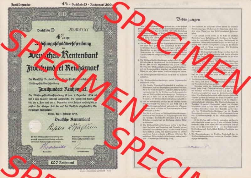 Deutsches Reich Historisches Wertpapier beidseitige Vollansicht 1935 Februar, Deutsche Rentenbank über Zweihundert Reichsmark, Ablösungsschuldverschreibung. Hier befindet sich... Sammlung