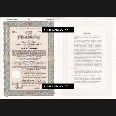 Österreich Historisches Wertpapier beidseitige Vollansicht 1939, Pfandbrief, Kärntnerischen Landes-Hypothekenanstalt über 100 Reichsmark. Hier befindet sich ein Digitales... Sammlung