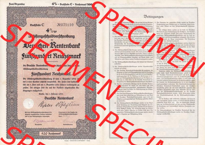 Deutsches Reich Historisches Wertpapier beidseitige Vollansicht 1935, Deutschen Rentenbank, Fünfhundert Reichsmark. Hier befindet sich ein Digitales Bild eines Historischen Wertpapieres... Sammlung
