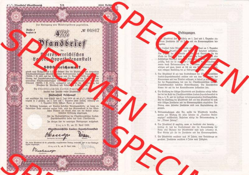 Österreich Historisches Wertpapier beidseitige Vollansicht 1939, Linz Pfandbrief, Oberösterreichischen Landes-Hypothekenanstalt über 5000 Reichsmark, Reihe 1, Buchstabe... Sammlung