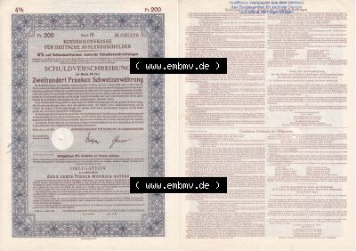 Deutsches Reich Historisches Wertpapier beidseitige Vollansicht 1935, Auslandsschulden, Schuldverschreibung, Zweihundert Franken... Sammlung