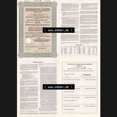 Österreich Historisches Wertpapier beidseitige Vollansicht 1938, Vorarlberger Illwerke Aktiengesellschaft Bregenz, 4.5 Prozent Teilschuldverschreibung über Eintausend Reichsmark.... Sammlung