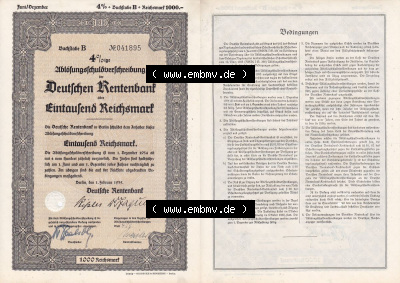 Deutsches Reich Historisches Wertpapier beidseitige Vollansicht 1935, Ablösungsschuldverschreibung, Deutschen Rentenbank, Eintausend... Sammlung