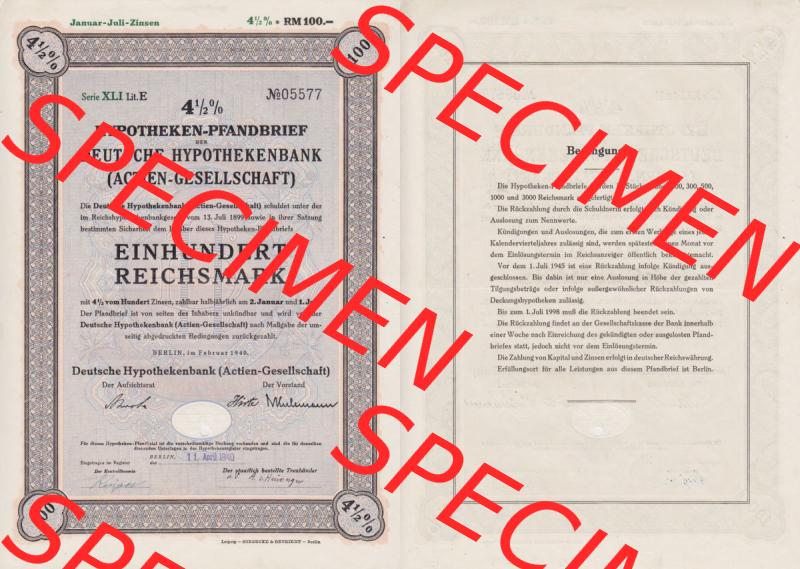 Deutsches Reich Historisches Wertpapier beidseitige Vollansicht 1940, Hypotheken-Pfandbrief, Deutsche Hypothekenbank Actien-Gesellschaft, 100 RM Reichsmark. Hier befindet sich... Sammlung