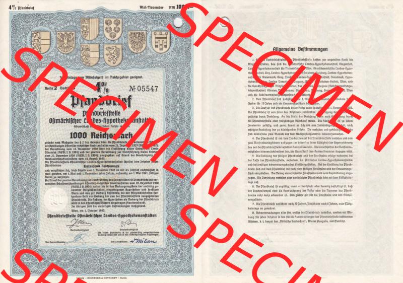 Österreich Historisches Wertpapier beidseitige Vollansicht Österreich 1940, Pfandbrief der Pfandbriefstelle Ostmärkischer Landes-Hypothekenanstalten, Körperschaft des öffentlichen... Sammlung