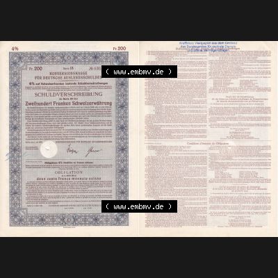 Deutsches Reich Historisches Wertpapier beidseitige Vollansicht 1935, Auslandsschulden, Schuldverschreibung, Zweihundert Franken Schweizerwährung. Hier befindet sich ein Digitales... Sammlung