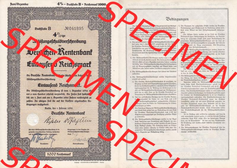 Deutsches Reich Historisches Wertpapier beidseitige Vollansicht 1935, Ablösungsschuldverschreibung, Deutschen Rentenbank, Eintausend Reichsmark. Hier befindet sich ein Digitales... Sammlung