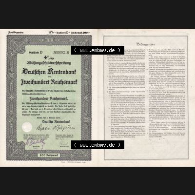 Deutsches Reich Historisches Wertpapier beidseitige Vollansicht 1935, Ablösungsschuld-Verschreibung, Deutschen Rentenbank, Zweihundert Reichsmark. Hier befindet sich ein Digitales... Sammlung