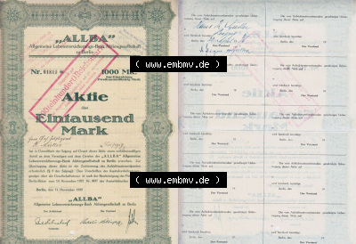 Deutsches Reich Historisches Wertpapier beidseitige Vollansicht 1922-1925, Allba Allgemeine Lebensversicherung-Bank Aktiengesellschaft,... Sammlung