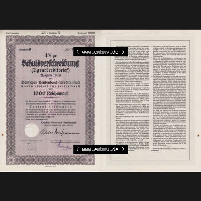 Deutsches Reich Historisches Wertpapier beidseitige Vollansicht 1940 September, 4 Prozent Schuld-Verschreibung, Agrarkreditbrief, Wert 1000 Reichsmark, Berlin. Hier befindet... Sammlung