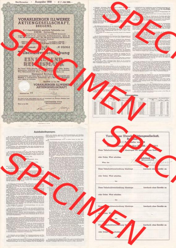 Österreich Historisches Wertpapier beidseitige Vollansicht 1938, Vorarlberger Illwerke Aktiengesellschaft Bregenz, 4.5 Prozent Teilschuldverschreibung über Eintausend Reichsmark.... Sammlung