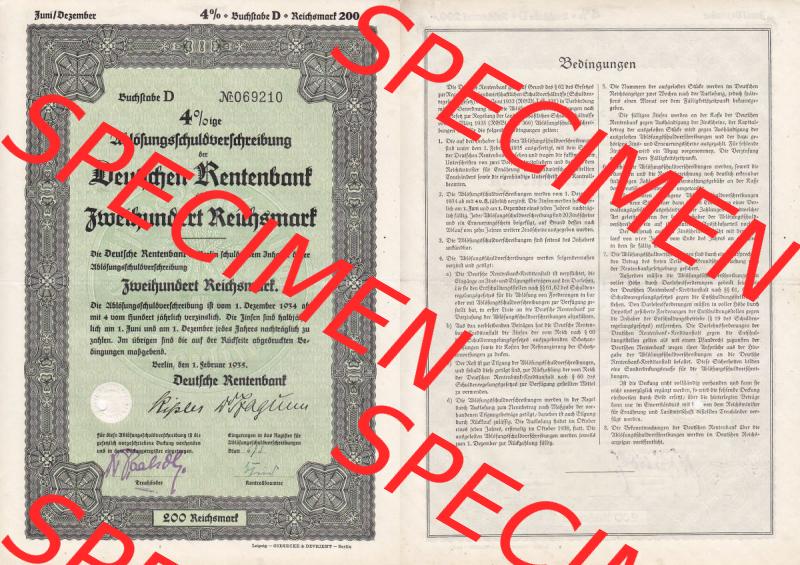 Deutsches Reich Historisches Wertpapier beidseitige Vollansicht 1935, Ablösungsschuld-Verschreibung, Deutschen Rentenbank, Zweihundert Reichsmark. Hier befindet sich ein Digitales... Sammlung