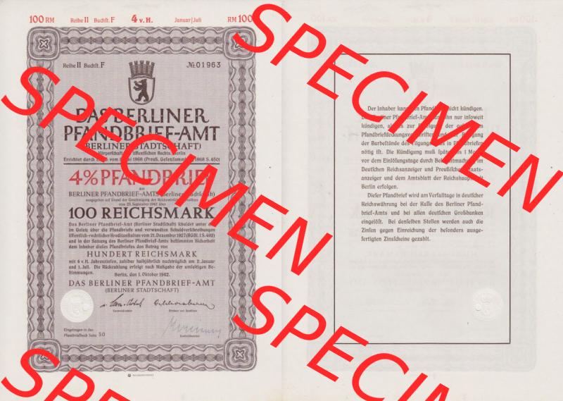 Deutsches Reich Historisches Wertpapier beidseitige Vollansicht 1942, Das Berliner Pfandbrief-Amt Berliner Stadtschaft 100 Reichsmark. Hier befindet sich ein Digitales Bild eines Historischen... Sammlung