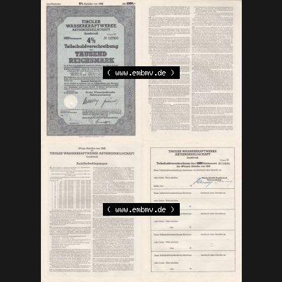 Österreich Historisches Wertpapier beidseitige Vollansicht 1942, Tiroler Wasserkraftwerke Aktiengesellschaft, Teilschuldverschreibung über Tausend Reichsmark. Hier befindet... Sammlung