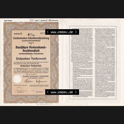 Deutsches Reich Historisches Wertpapier beidseitige Vollansicht 1938, Deutsche Rentenbank Landeskultur-Schuldverschreibung Einhundert Reichsmark. Hier befindet sich ein Digitales Bild eines... Sammlung