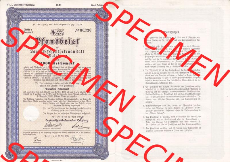 Österreich Historisches Wertpapier beidseitige Vollansicht 1939, Salzburg Pfandbrief über 1000 Reichsmark, Reihe 1, Buchstabe B, Landes-Hypothekenanstalt Salzburg.... Sammlung