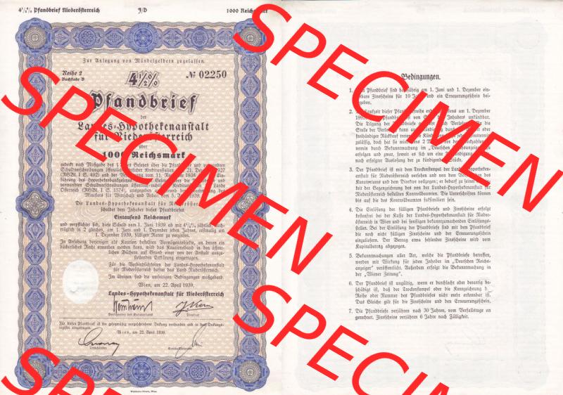 Österreich Historisches Wertpapier beidseitige Vollansicht 1939, Reihe 2, Buchstabe B, 4.5 Prozent Pfandbrief, Zur Anlegung von Mündelgeldern zugelassen,... Sammlung