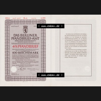 Deutsches Reich Historisches Wertpapier beidseitige Vollansicht 1942, Das Berliner Pfandbrief-Amt Berliner Stadtschaft 100 Reichsmark. Hier befindet sich ein Digitales Bild eines Historischen... Sammlung