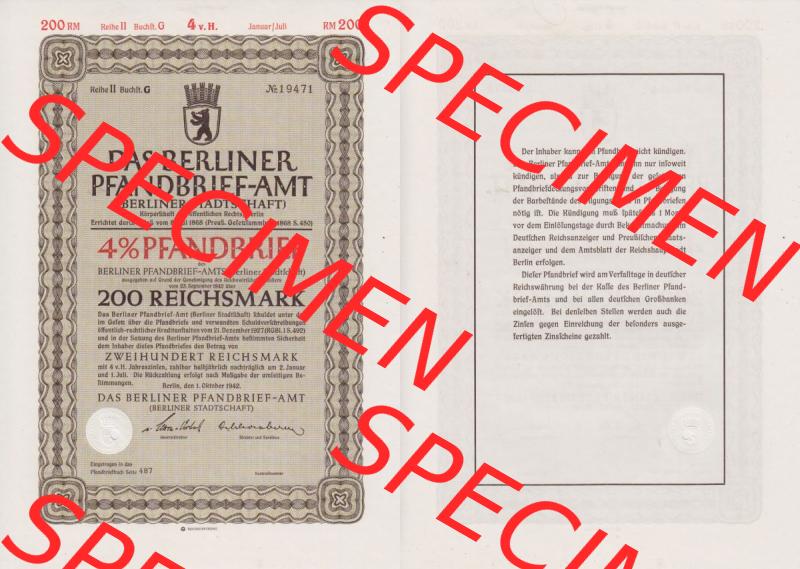 Deutsches Reich Historisches Wertpapier beidseitige Vollansicht 1942, Das Berliner Pfandbrief-Amt 4 Prozent Berliner Stadtschaft 200 Zweihundert Reichsmark. Hier befindet sich ein Digitales... Sammlung