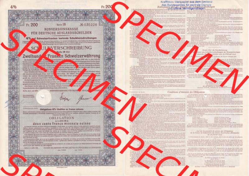 Deutsches Reich Historisches Wertpapier beidseitige Vollansicht 1935, Auslandsschulden, Schuldverschreibung, Zweihundert Franken Schweizerwährung. Hier befindet sich ein Digitales... Sammlung