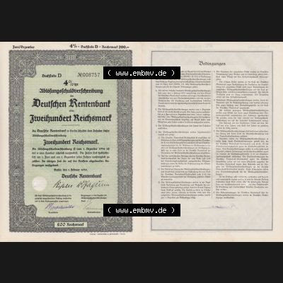 Deutsches Reich Historisches Wertpapier beidseitige Vollansicht 1935 Februar, Deutsche Rentenbank über Zweihundert Reichsmark, Ablösungsschuldverschreibung. Hier befindet sich... Sammlung