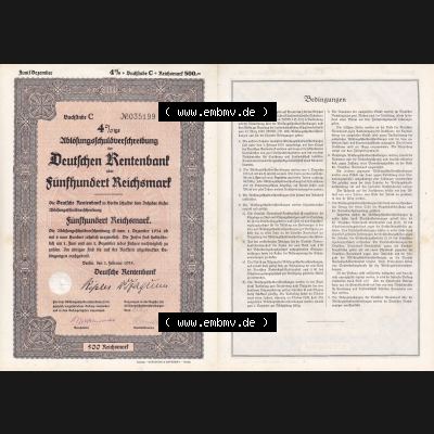 Deutsches Reich Historisches Wertpapier beidseitige Vollansicht 1935, Deutschen Rentenbank, Fünfhundert Reichsmark. Hier befindet sich ein Digitales Bild eines Historischen Wertpapieres... Sammlung