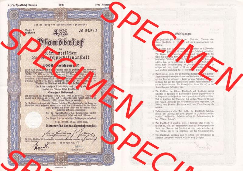 Österreich Historisches Wertpapier beidseitige Vollansicht 1939, 4.5 Prozent Pfandbrief, Zur Anlegung von Mündelgeldern zugelassen, Kärntnerischer Landes-Hypothekenanstalt.... Sammlung