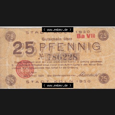Notgeldscheine Köln / Cöln, Gutschein 1920-1920, Ba VII 25 Pfennig (1) Sammlung
