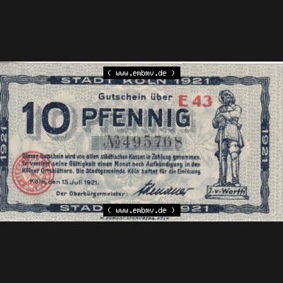 Notgeldscheine Köln / Cöln, Gutschein 1921, E 43, 10 Pfennig (3) Sammlung