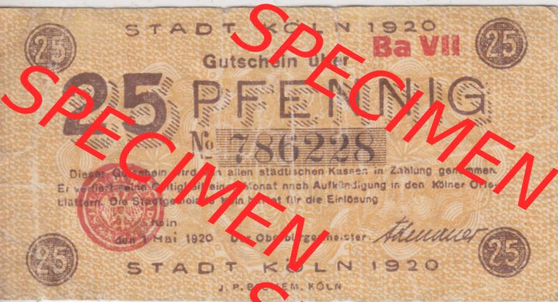 Notgeldscheine Köln / Cöln, Gutschein 1920-1920, Ba VII 25 Pfennig (1) Sammlung