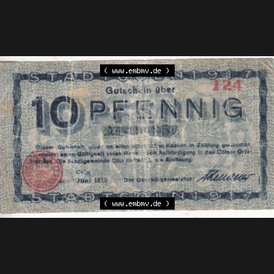 Notgeldscheine Köln / Cöln, Gutschein 1918, J 24, 10 Pfennig (1) Sammlung