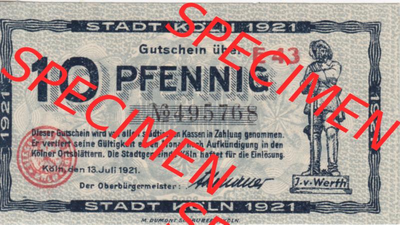 Notgeldscheine Köln / Cöln, Gutschein 1921, E 43, 10 Pfennig (3) Sammlung