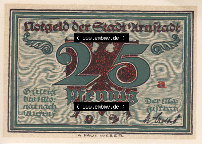 Notgeldscheine Arnstadt, Stadt 1921, 25 Pfennig a (1) Sammlung