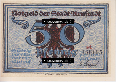 Notgeldscheine Arnstadt, Stadt 1921, 50 Pfennig st (1) Sammlung