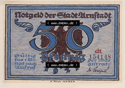 Notgeldscheine Arnstadt, Stadt 1921, 50 Pfennig dt (1) Sammlung