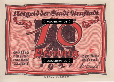 Notgeldscheine Arnstadt, Stadt 1921, 10 Pfennig r (1) Sammlung