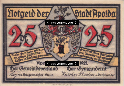 Notgeldscheine Apolda, Stadt 1921, 25 Pfennig, Schattenbilder F (1) Sammlung