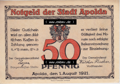 Notgeldscheine Apolda, Stadt 1921, Stadtansichten 50 Pfennig D (1) Sammlung