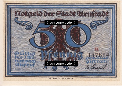 Notgeldscheine Arnstadt, Stadt 1921, 50 Pfennig n (1) Sammlung