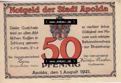 Notgeldscheine Apolda, Stadt 1921, Stadtansichten 50 Pfennig B (1) Sammlung