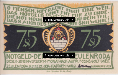 Notgeldscheine Zeulenroda, Stadt Notgeld 1921, 75 Pfennig Oft zuckt die Flamme (1) Sammlung