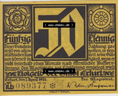 Notgeldscheine Erfurt, Stadt in Provinz Sachsen Notgeld Luther II. 1921, 50 Pfennig TH gelb (1) Sammlung