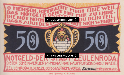 Notgeldscheine Zeulenroda, Stadt Notgeld 1921, 50 Pfennig Kl.Wolschendorf (1) Sammlung