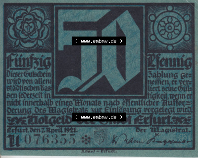 Notgeldscheine Erfurt, Stadt in Provinz Sachsen Notgeld Luther II. 1921, 50 Pfennig U blau (1) Sammlung