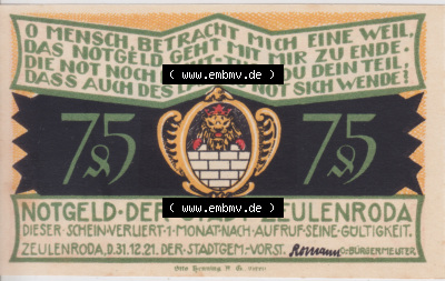 Notgeldscheine Zeulenroda, Stadt Notgeld 1921, 75 Pf. Aus Geldnot kam 400 Jahr sinds Bereits (1) Sammlung