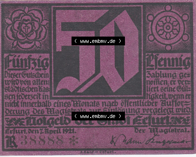Notgeldscheine Erfurt, Stadt in Provinz Sachsen Notgeld Luther 5 R violett (1) Sammlung