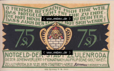 Notgeldscheine Zeulenroda, Stadt Notgeld 1921, 75 Pf. 12 Jahr dass die Wassernot (1) Sammlung