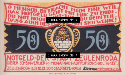 Notgeldscheine Zeulenroda, Stadt Notgeld 1921, 50 Pfennig Wecksersdorf (1) Sammlung