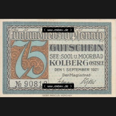Notgeldscheine Kolberg, Stadt in Pommern Notgeld Stadtansichten 1921, 75 Pfennig Alte Saline (1) Sammlung